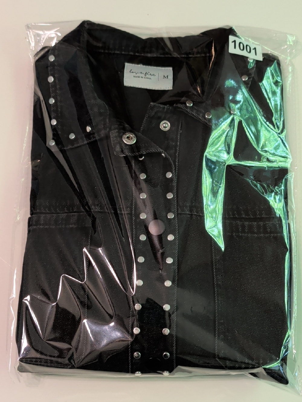 Love Fire Silver Studded Cropped Black Denim 90s Moto Biker Jacket Womens Medium - Picture 15 of 15